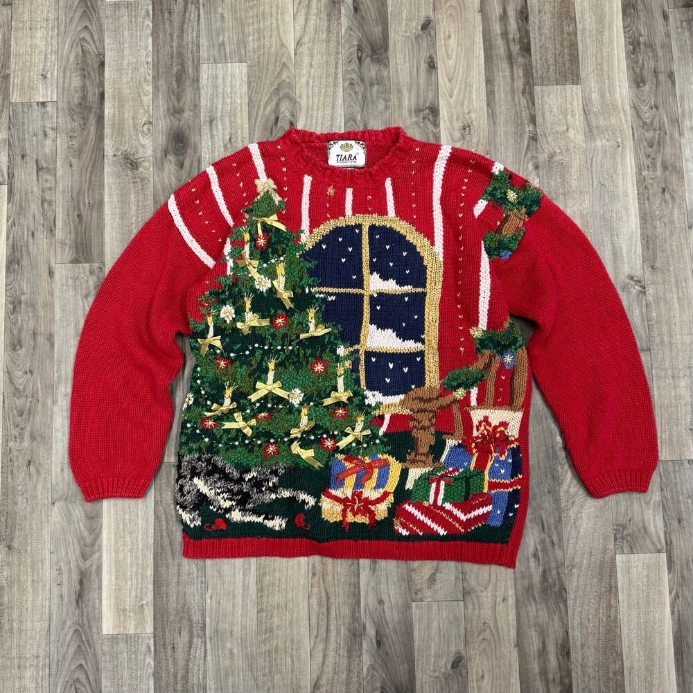 Vintage Tiara International 3D Knit Ugly Christmas Cat Sweater M